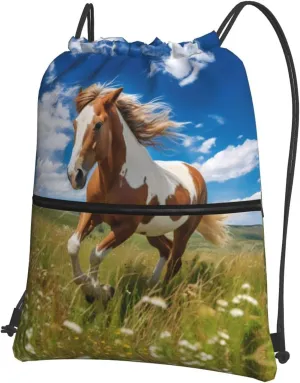 Horses On The Prairie Picture Drawstring Zipper Backpack For Hiking Camping Yoga - Convenient Daily Carry