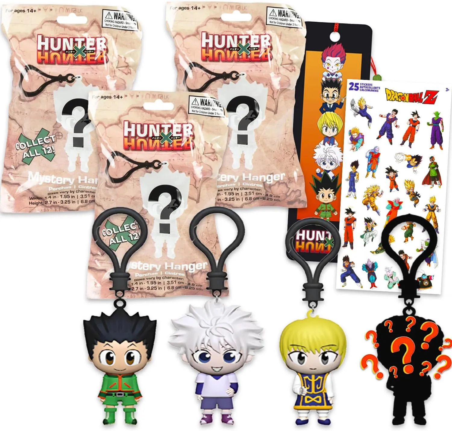 Hunter x Hunter Blind Bag Party Favors Set – Bundle with 3 Anime Figural Keychain Mystery Hanger Clips Plus Bookmark, Stickers | Hunter x Hunter Blind Bag Figures for Teens