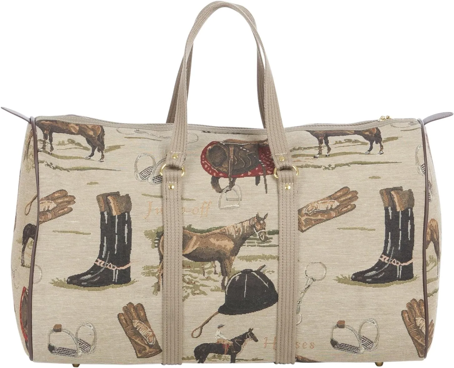 Huntley Equestrian 01026 Classic Tapestry English Design Duffle Bag Lightweight Patterned Cotton Heavy Duty Handles Center zipper Reinforced Bottom