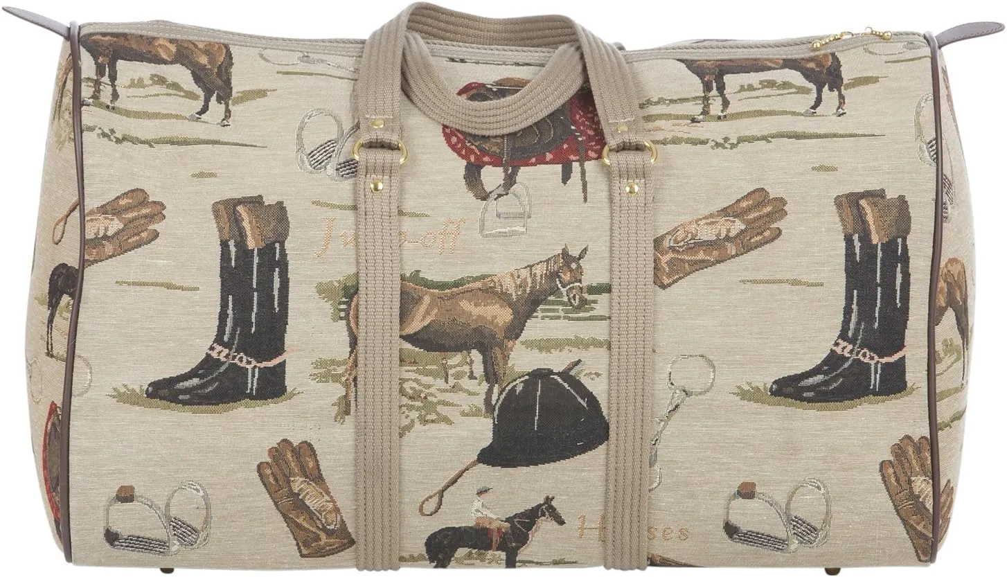 Huntley Equestrian 01026 Classic Tapestry English Design Duffle Bag Lightweight Patterned Cotton Heavy Duty Handles Center zipper Reinforced Bottom