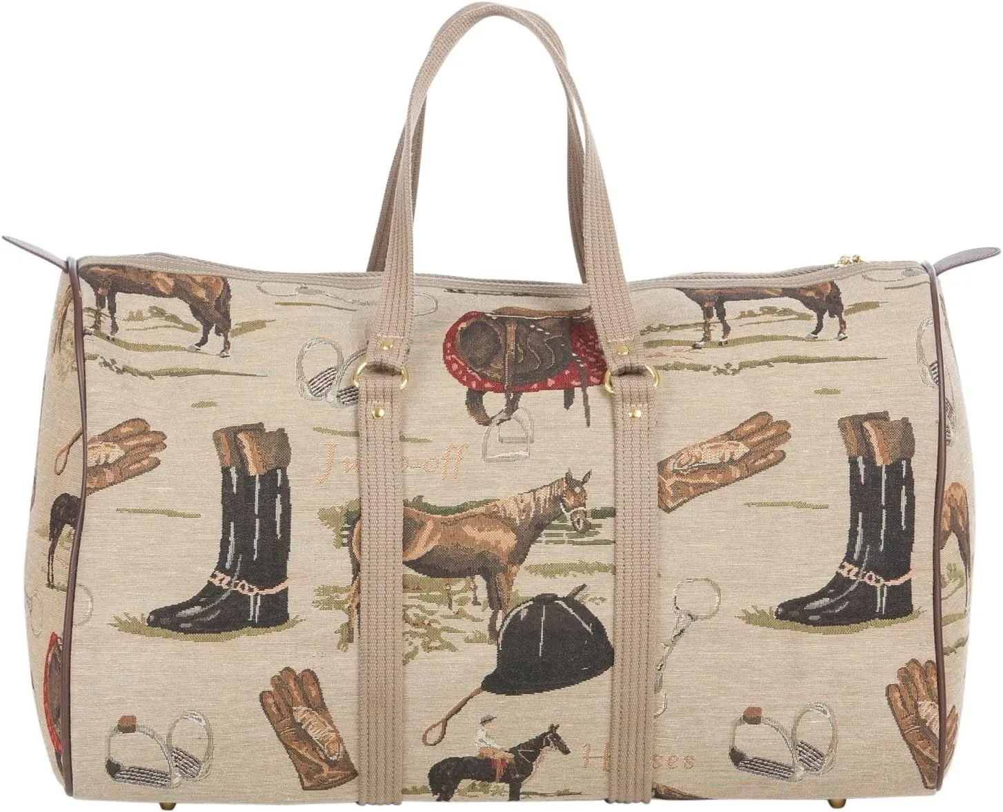 Huntley Equestrian 01026 Classic Tapestry English Design Duffle Bag Lightweight Patterned Cotton Heavy Duty Handles Center zipper Reinforced Bottom