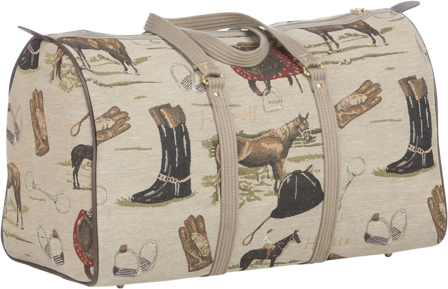 Huntley Equestrian 01026 Classic Tapestry English Design Duffle Bag Lightweight Patterned Cotton Heavy Duty Handles Center zipper Reinforced Bottom