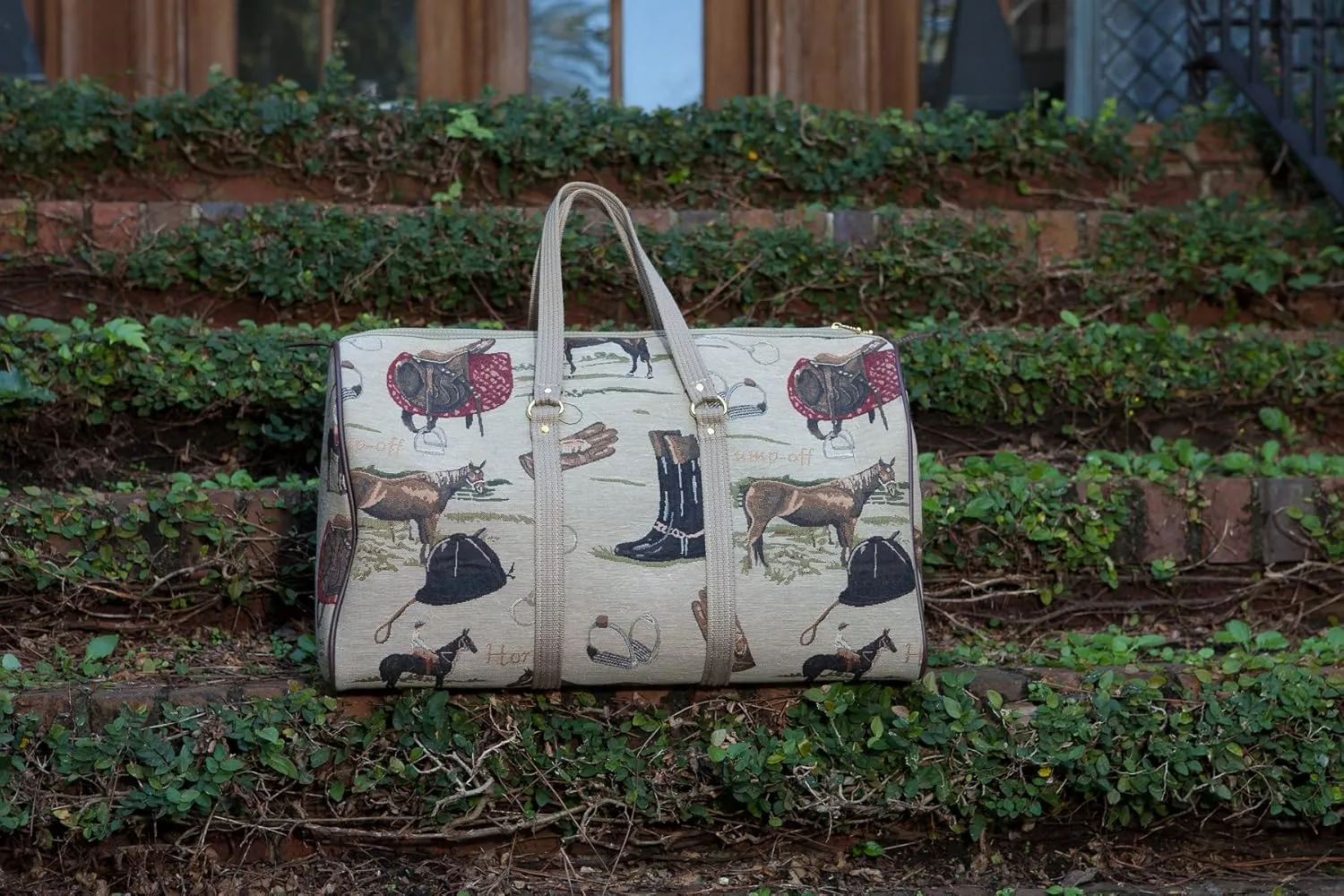 Huntley Equestrian 01026 Classic Tapestry English Design Duffle Bag Lightweight Patterned Cotton Heavy Duty Handles Center zipper Reinforced Bottom