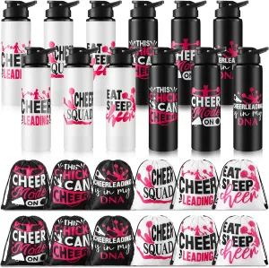 Hushee 24 Pcs 25 oz Cheer Water Bottles and Cheer Backpack for Cheerleaders Set Include 12 Aluminum Team Water Bottles 12 Drawstring Gym Bag Bulk Cheerleading Gifts for Athletes Sports Team Members