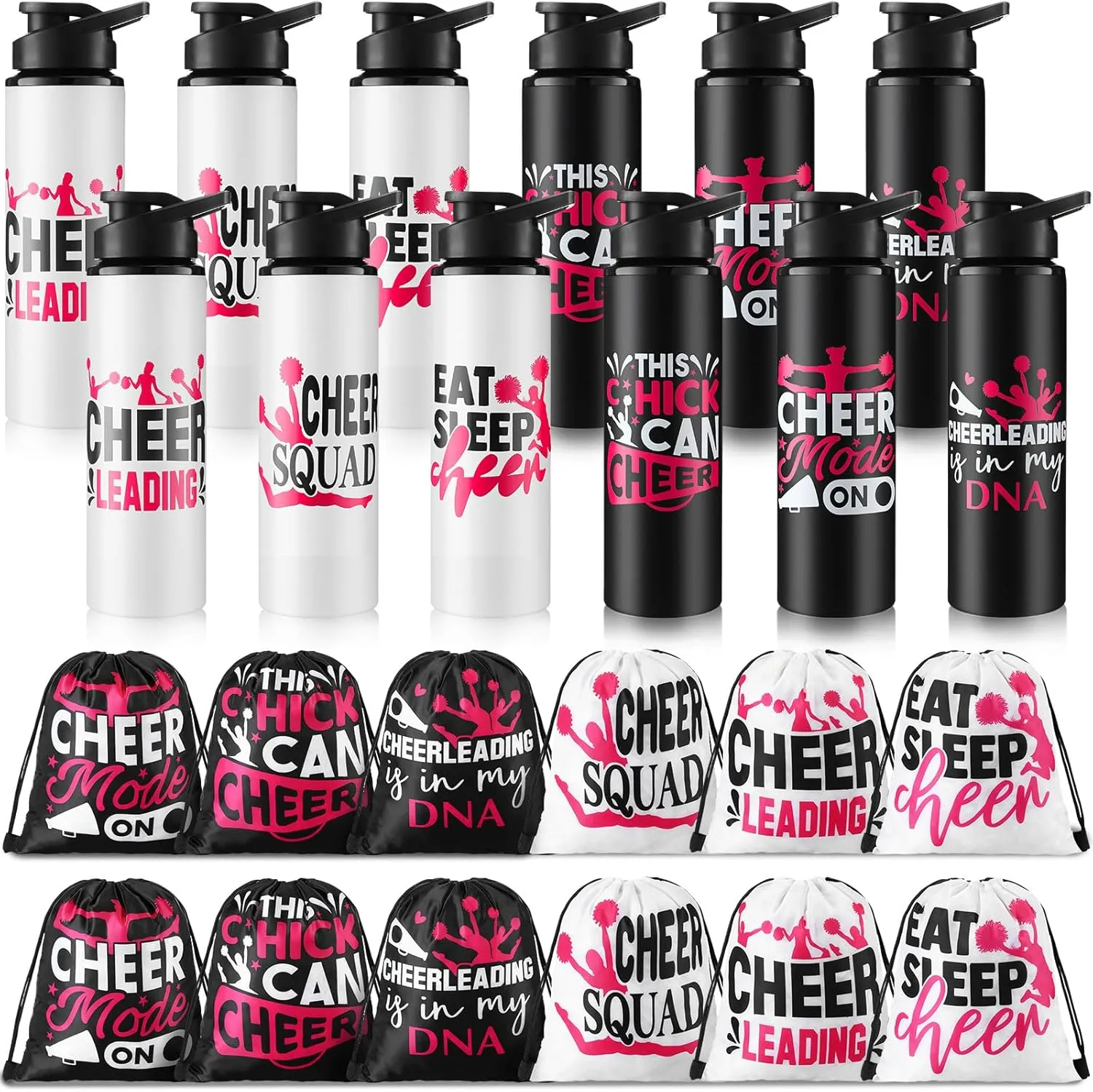 Hushee 24 Pcs 25 oz Cheer Water Bottles and Cheer Backpack for Cheerleaders Set Include 12 Aluminum Team Water Bottles 12 Drawstring Gym Bag Bulk Cheerleading Gifts for Athletes Sports Team Members