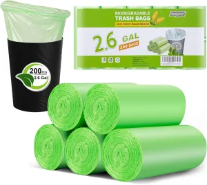 Inwaysin 200 Count 2.6 Gallon Plant Starch Based Bathroom Trash Bags, Strong, Unscented, Expanded, Green, 10L