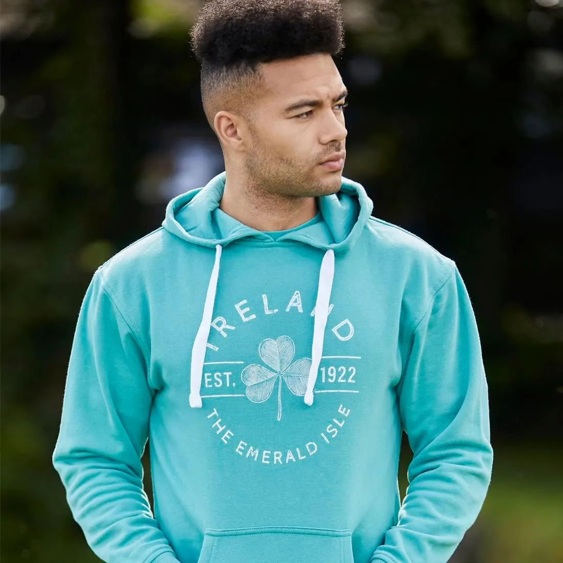 Ireland Long Sleeve with Pockets Ocean Green Shamrock Label Hoodie for Men