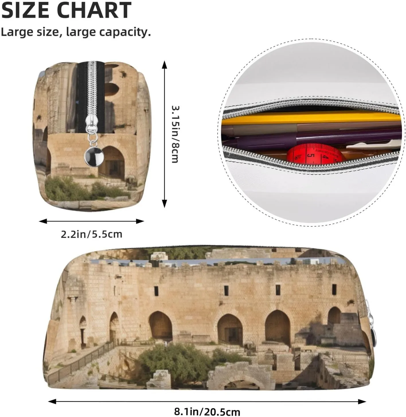 Israel at The Tower of David Makeup Bag Travel Toiletry Bag Big Pencil Bags for Women Men Leather Zipper Coin Pouch Purse