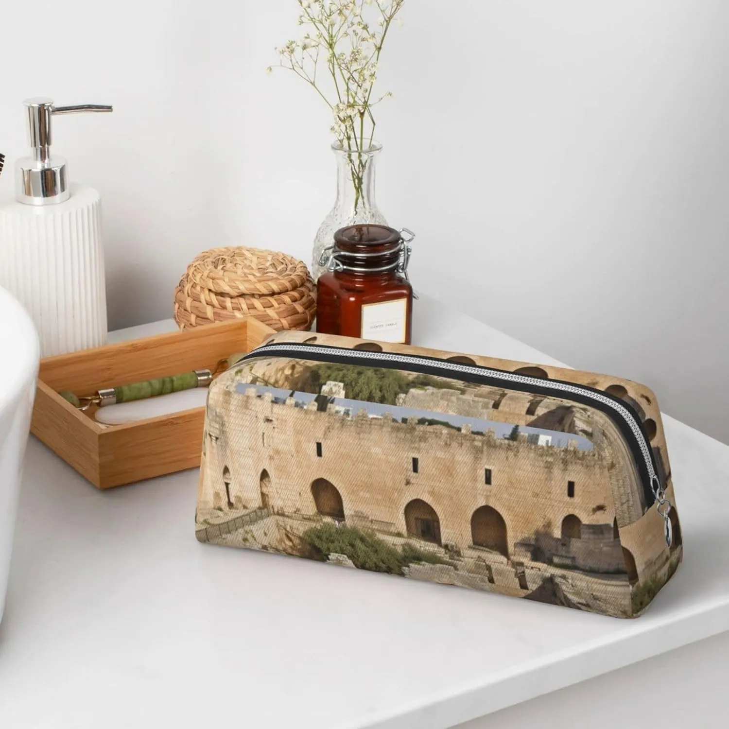Israel at The Tower of David Makeup Bag Travel Toiletry Bag Big Pencil Bags for Women Men Leather Zipper Coin Pouch Purse