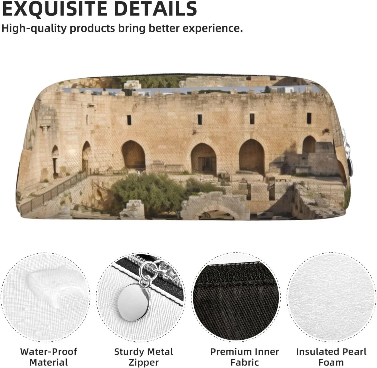 Israel at The Tower of David Makeup Bag Travel Toiletry Bag Big Pencil Bags for Women Men Leather Zipper Coin Pouch Purse