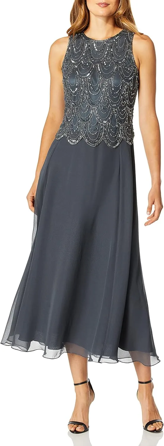 J Kara Women's Petite Sleeveless Beaded Pop Over Dress with Scarf