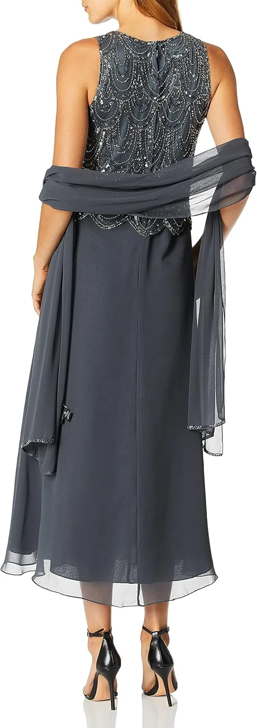 J Kara Women's Petite Sleeveless Beaded Pop Over Dress with Scarf
