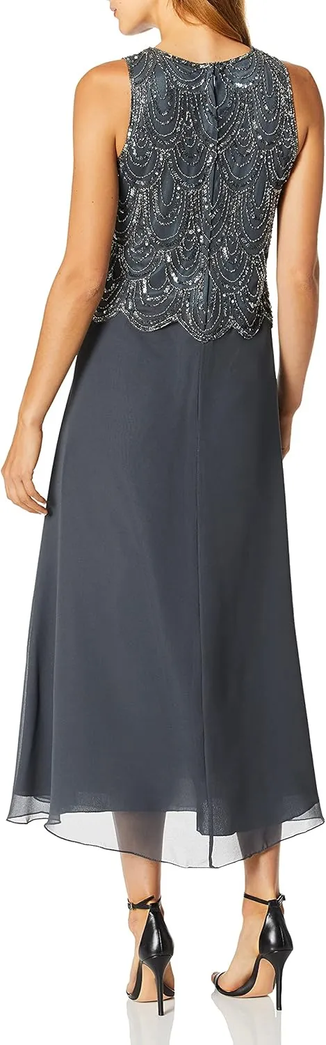 J Kara Women's Petite Sleeveless Beaded Pop Over Dress with Scarf