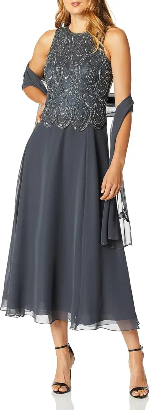 J Kara Women's Petite Sleeveless Beaded Pop Over Dress with Scarf