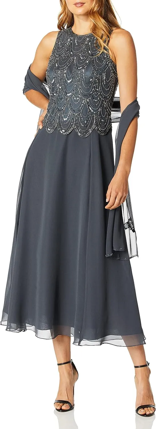 J Kara Women's Petite Sleeveless Beaded Pop Over Dress with Scarf