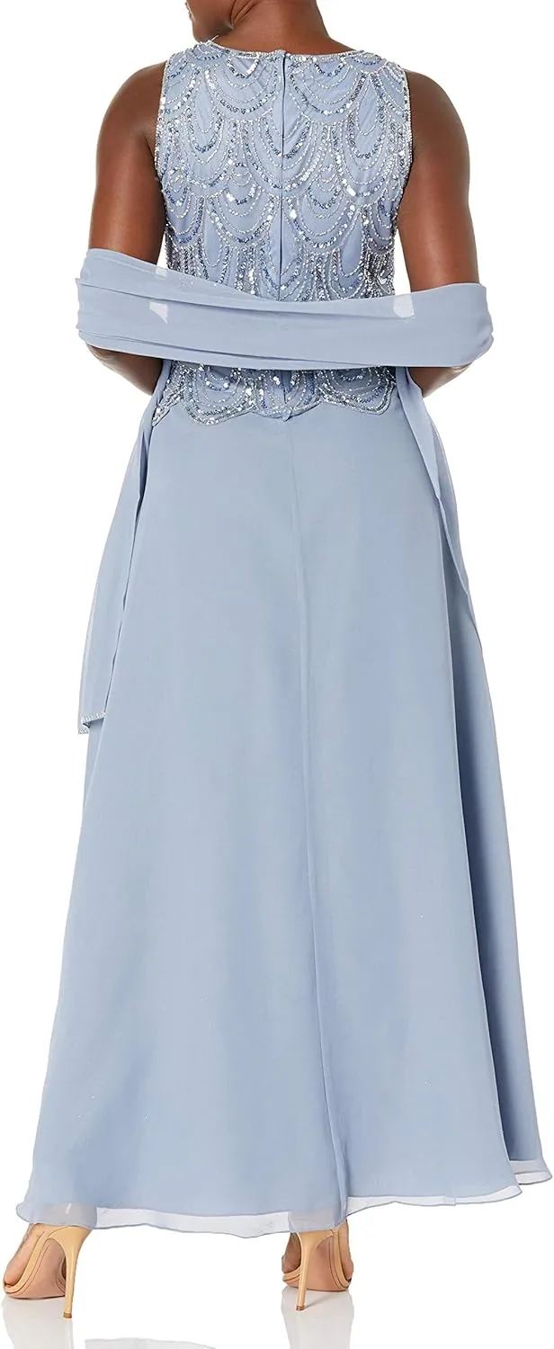 J Kara Women's Plus Size Sleeveless Beaded Pop Over Long Dress with Scarf
