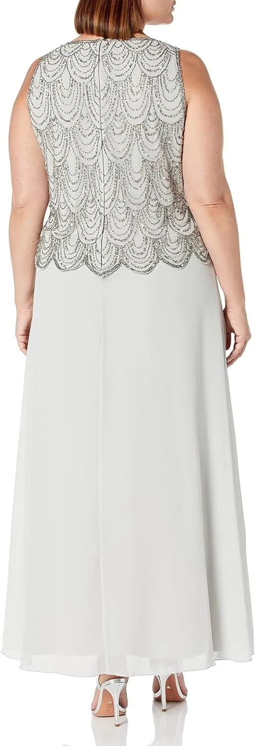 J Kara Women's Plus Size Sleeveless Beaded Pop Over Long Dress with Scarf