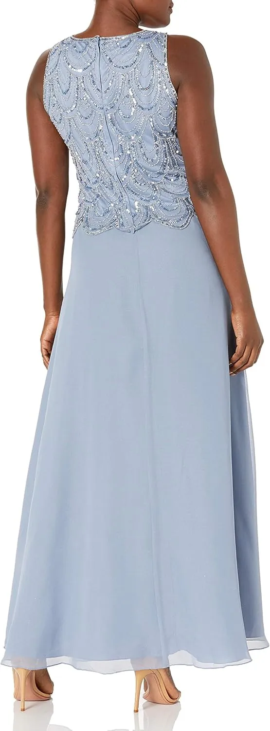 J Kara Women's Plus Size Sleeveless Beaded Pop Over Long Dress with Scarf