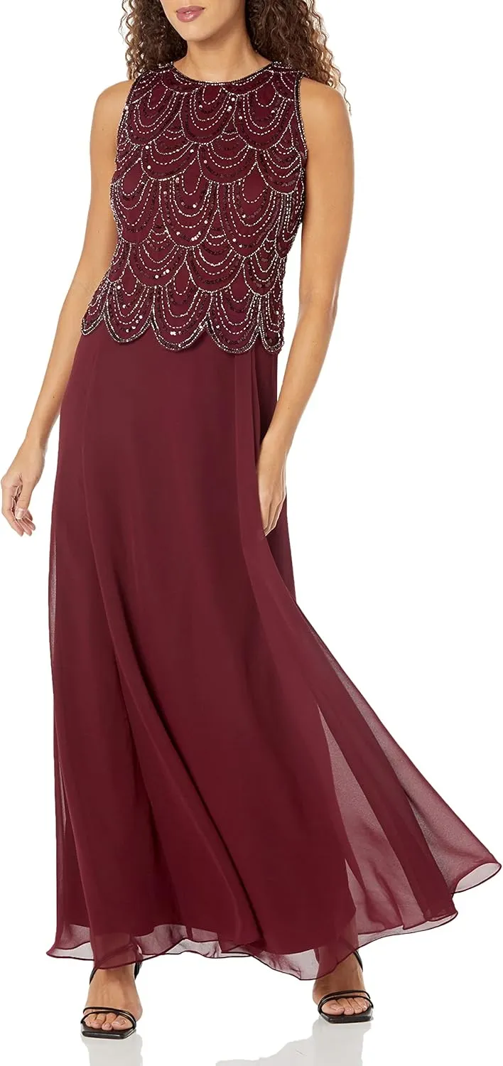 J Kara Women's Plus Size Sleeveless Beaded Pop Over Long Dress with Scarf