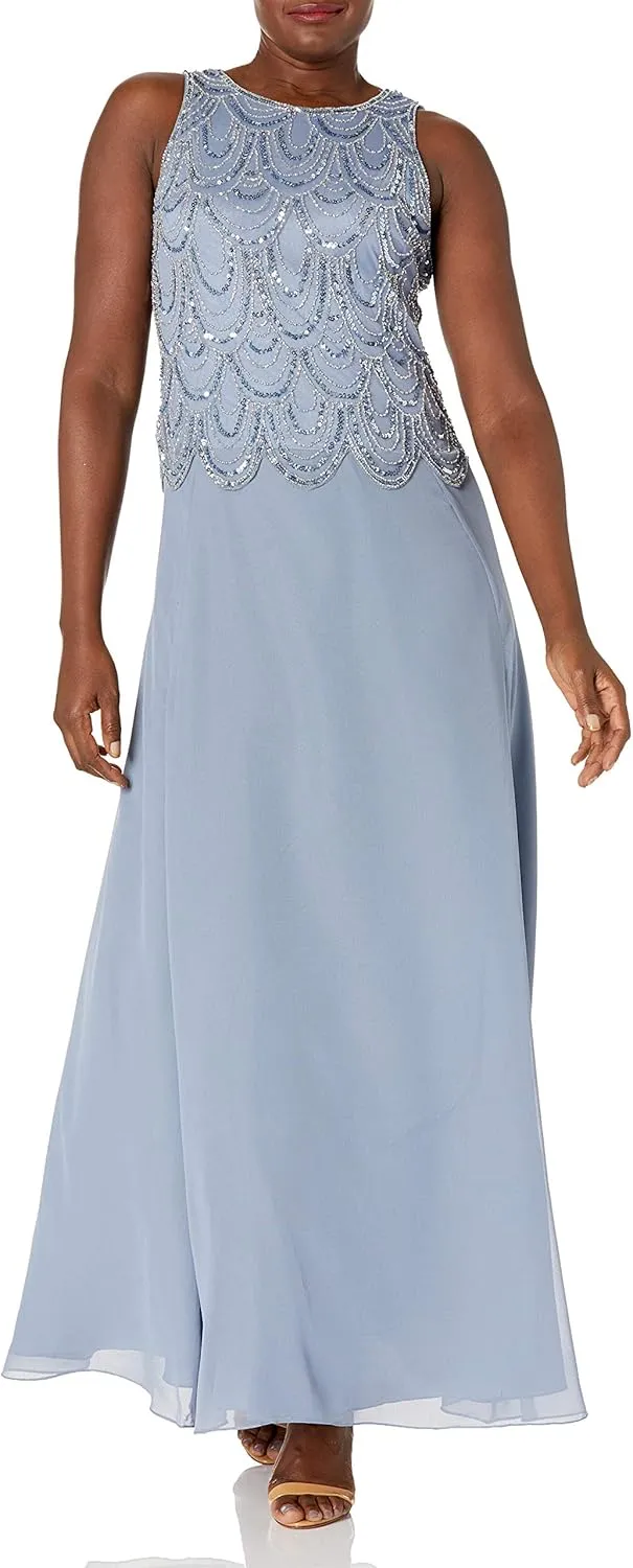 J Kara Women's Plus Size Sleeveless Beaded Pop Over Long Dress with Scarf