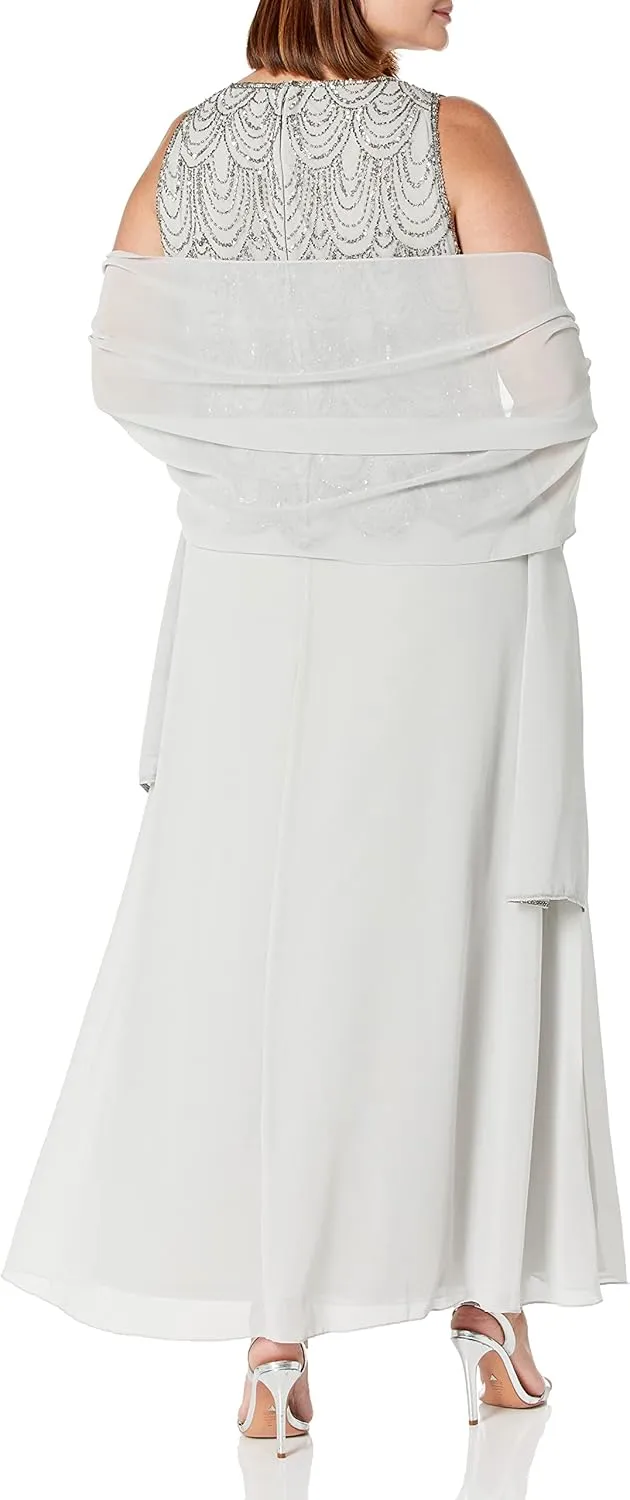 J Kara Women's Plus Size Sleeveless Beaded Pop Over Long Dress with Scarf