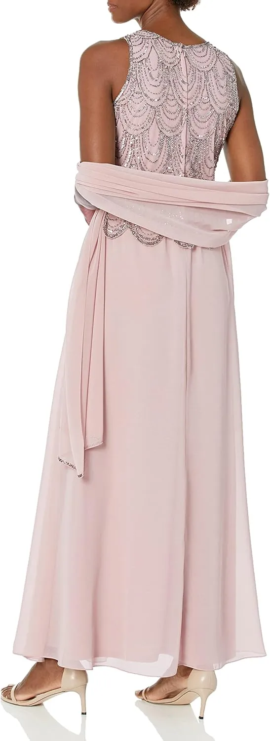 J Kara Women's Plus Size Sleeveless Beaded Pop Over Long Dress with Scarf