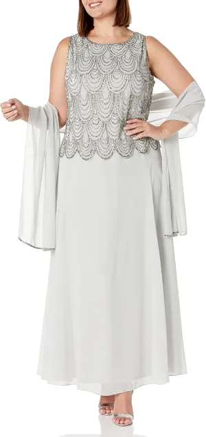 J Kara Women's Plus Size Sleeveless Beaded Pop Over Long Dress with Scarf