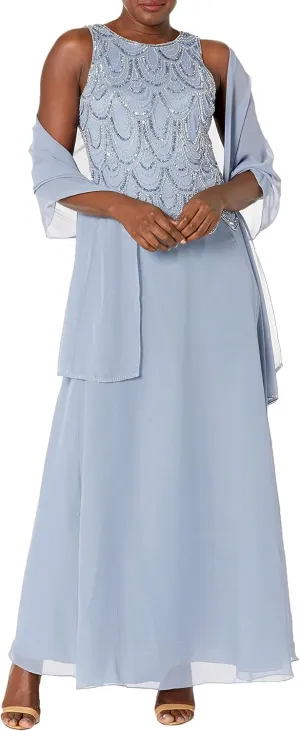 J Kara Women's Plus Size Sleeveless Beaded Pop Over Long Dress with Scarf