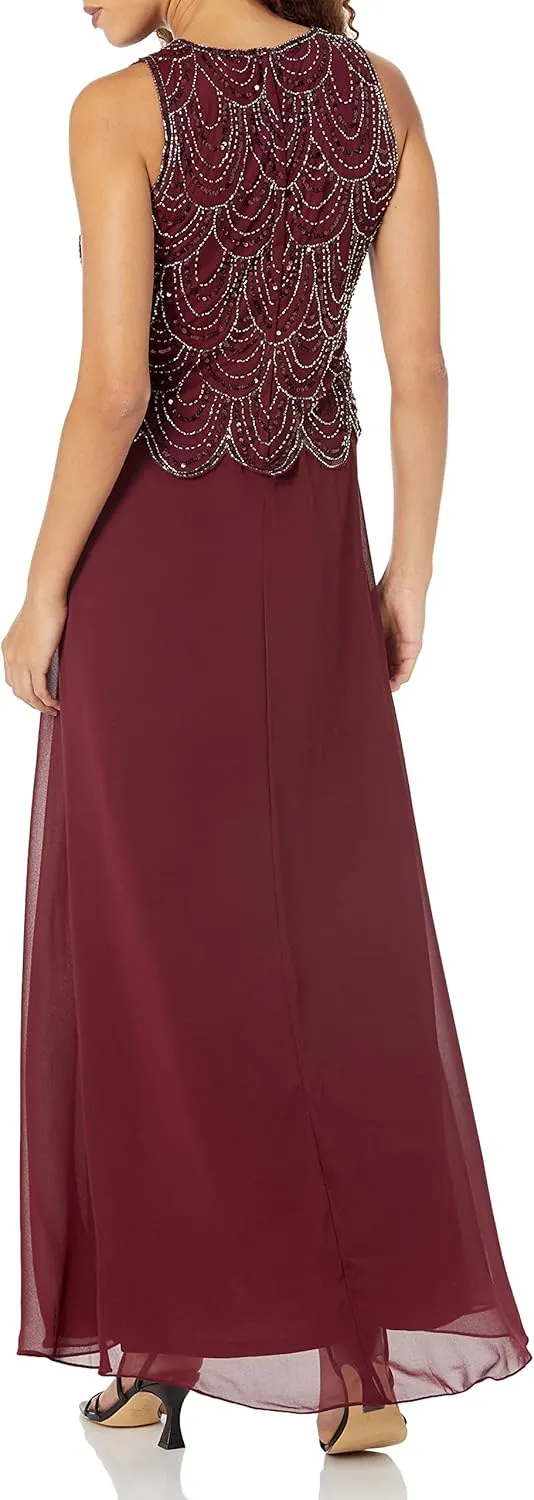 J Kara Women's Plus Size Sleeveless Beaded Pop Over Long Dress with Scarf