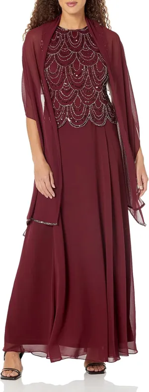 J Kara Women's Plus Size Sleeveless Beaded Pop Over Long Dress with Scarf
