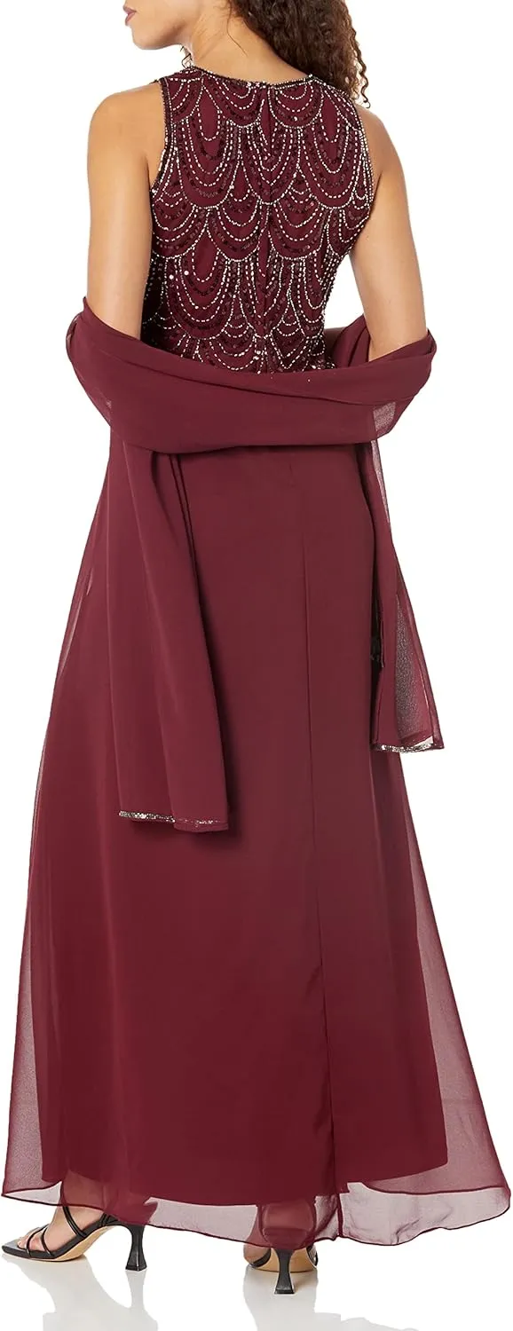 J Kara Women's Plus Size Sleeveless Beaded Pop Over Long Dress with Scarf