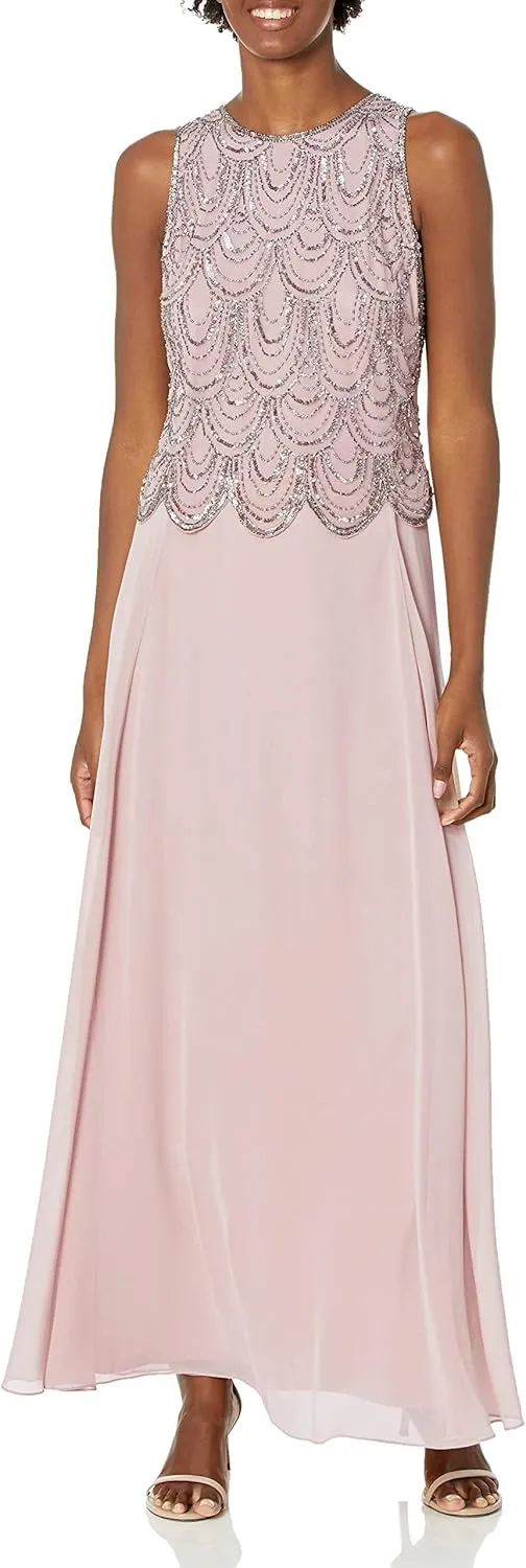 J Kara Women's Plus Size Sleeveless Beaded Pop Over Long Dress with Scarf
