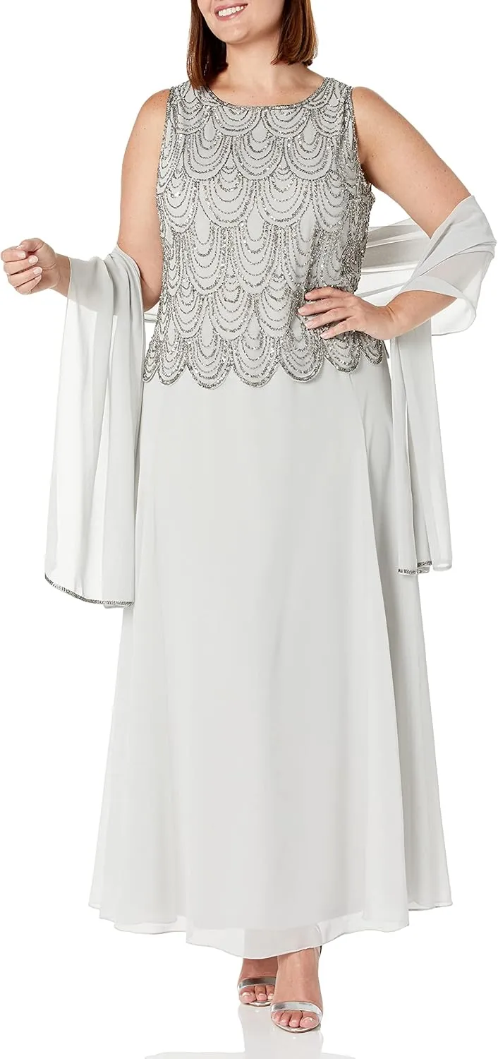 J Kara Women's Plus Size Sleeveless Beaded Pop Over Long Dress with Scarf