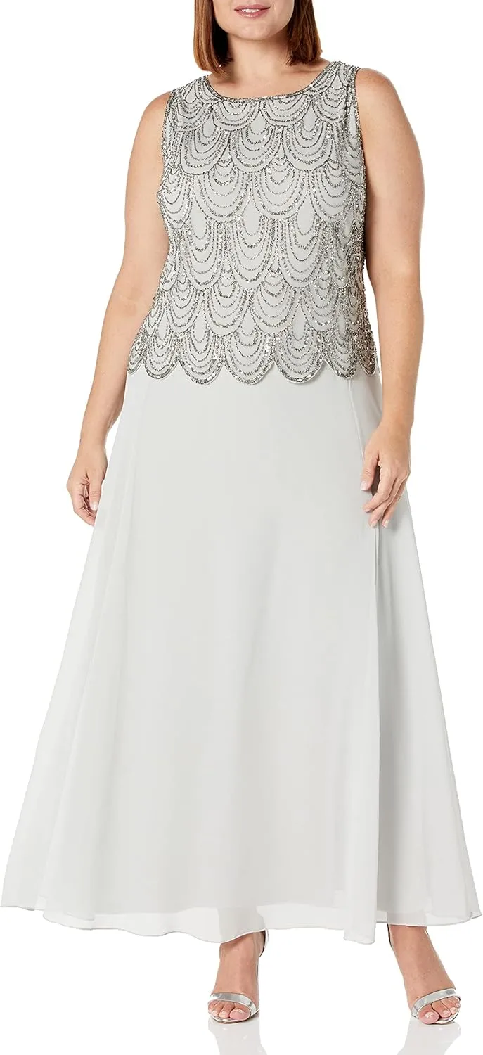 J Kara Women's Plus Size Sleeveless Beaded Pop Over Long Dress with Scarf