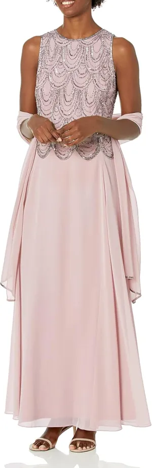 J Kara Women's Plus Size Sleeveless Beaded Pop Over Long Dress with Scarf