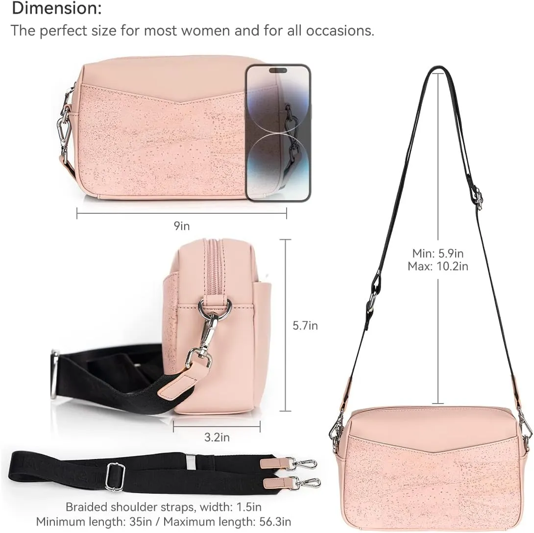 Jackie&Jill Small Crossbody Bags Purses for Women,Cork & Leather Shoulder Handbags with Wide Strap,Top Zipper Camera Bag