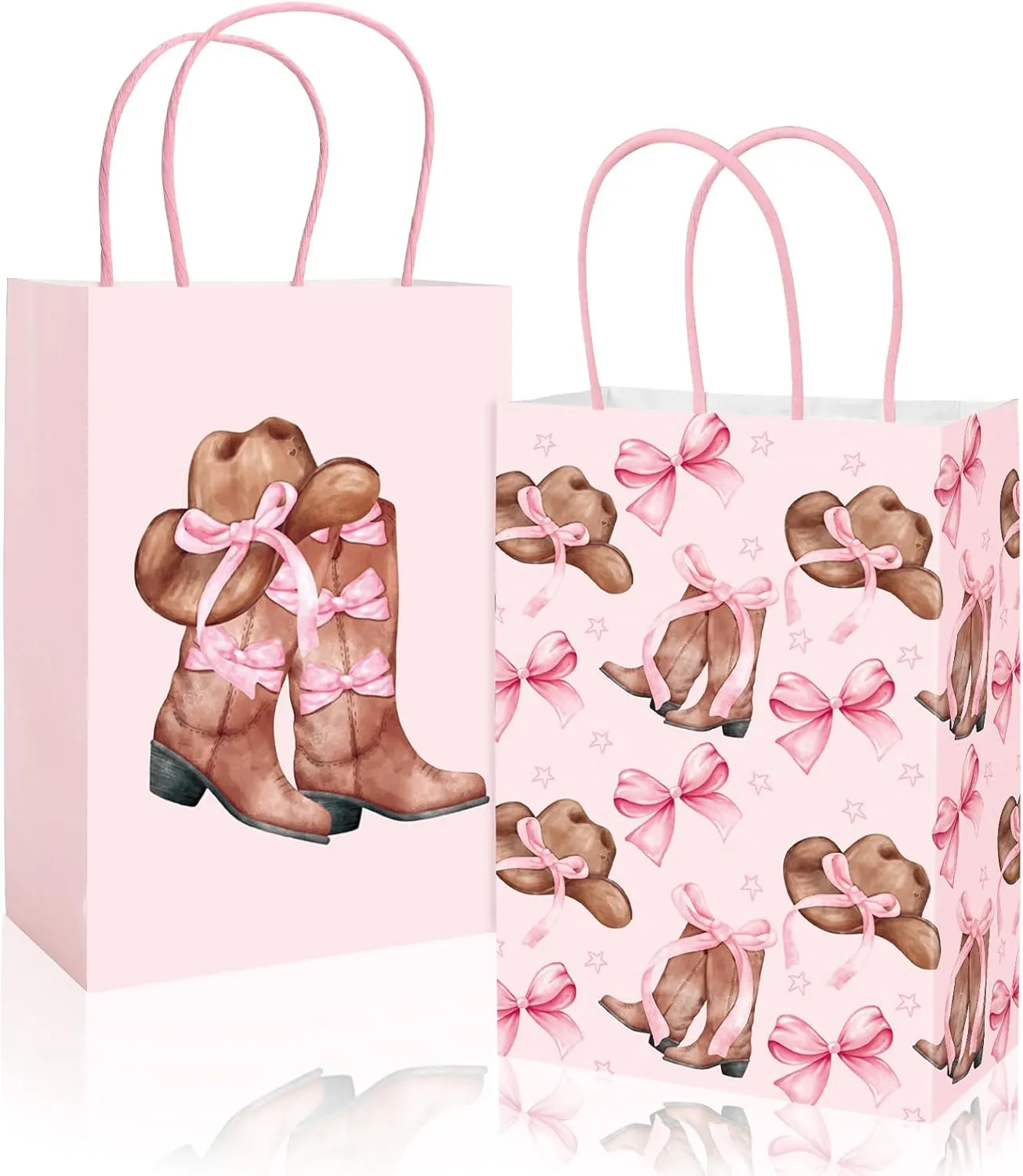 JarThenaAMCS 24Pcs Western Cowgirl Paper Bags Pink Bow Cowgirl Hat Boot Treat Bags with Handles Candy Goodie Bags Grocery Shopping Bags for Birthday Party Favors Supplies