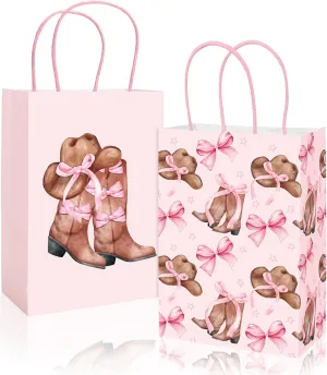 JarThenaAMCS 24Pcs Western Cowgirl Paper Bags Pink Bow Cowgirl Hat Boot Treat Bags with Handles Candy Goodie Bags Grocery Shopping Bags for Birthday Party Favors Supplies