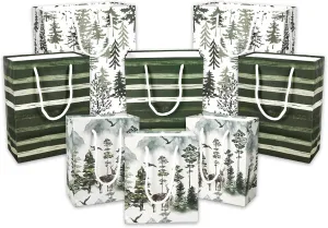JarThenaAMCS 8Pcs Christmas Forest Paper Gift Bags Watercolor Woodland Tree Deer Treat Bags with Handles Greenery Candy Goodie Bags for Xmas Birthday Party Supplies