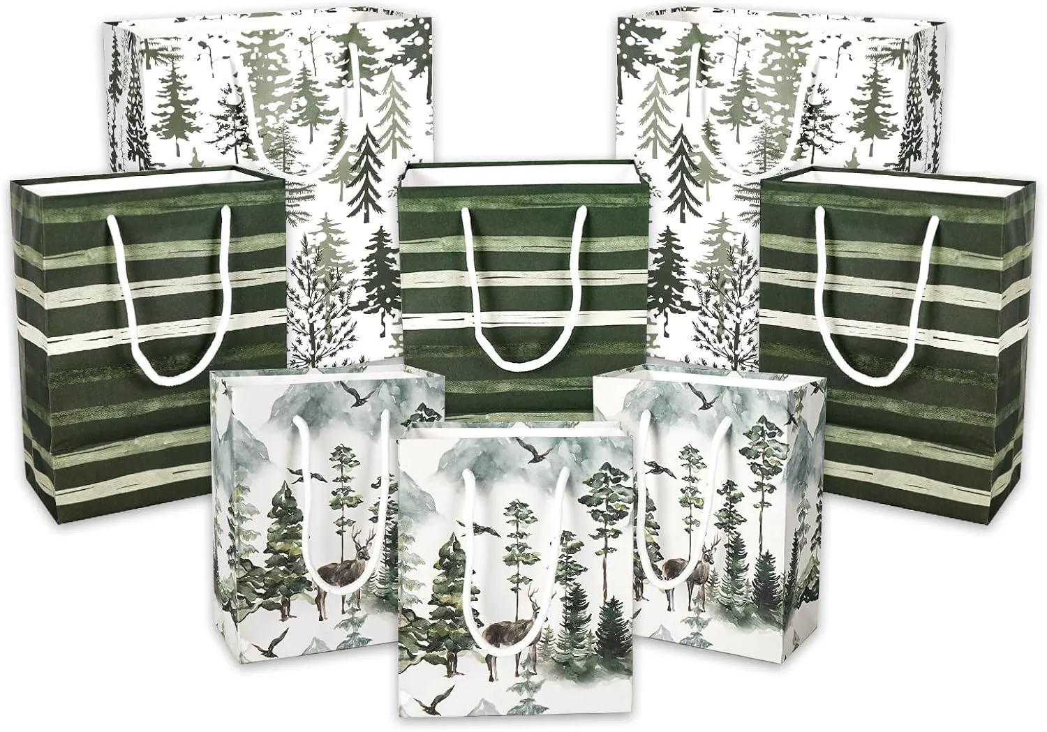 JarThenaAMCS 8Pcs Christmas Forest Paper Gift Bags Watercolor Woodland Tree Deer Treat Bags with Handles Greenery Candy Goodie Bags for Xmas Birthday Party Supplies