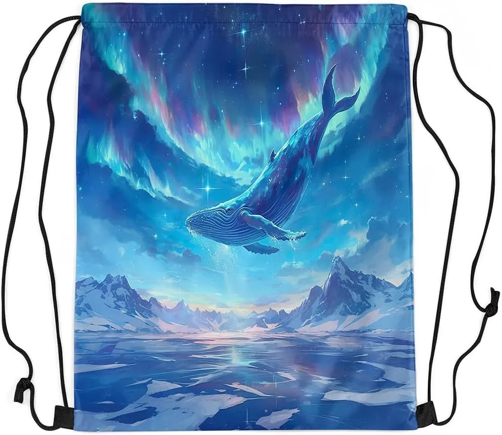 jejeloiu Dreamy Whale Drawstring Backpack 13"x15.7" Cute Cartoon Whale Sports Gym String Bag Galaxy Polar Light Drawstring Bags Blue Waterproof Cinch Bag Sports Drawstring Sackpack