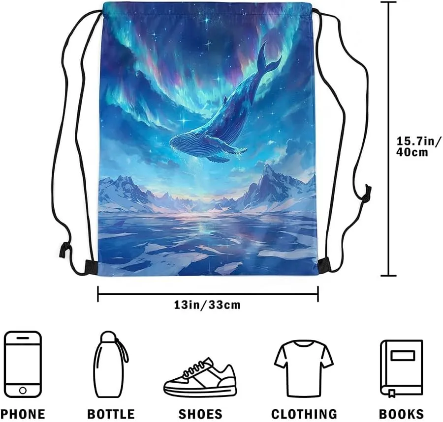 jejeloiu Dreamy Whale Drawstring Backpack 13"x15.7" Cute Cartoon Whale Sports Gym String Bag Galaxy Polar Light Drawstring Bags Blue Waterproof Cinch Bag Sports Drawstring Sackpack