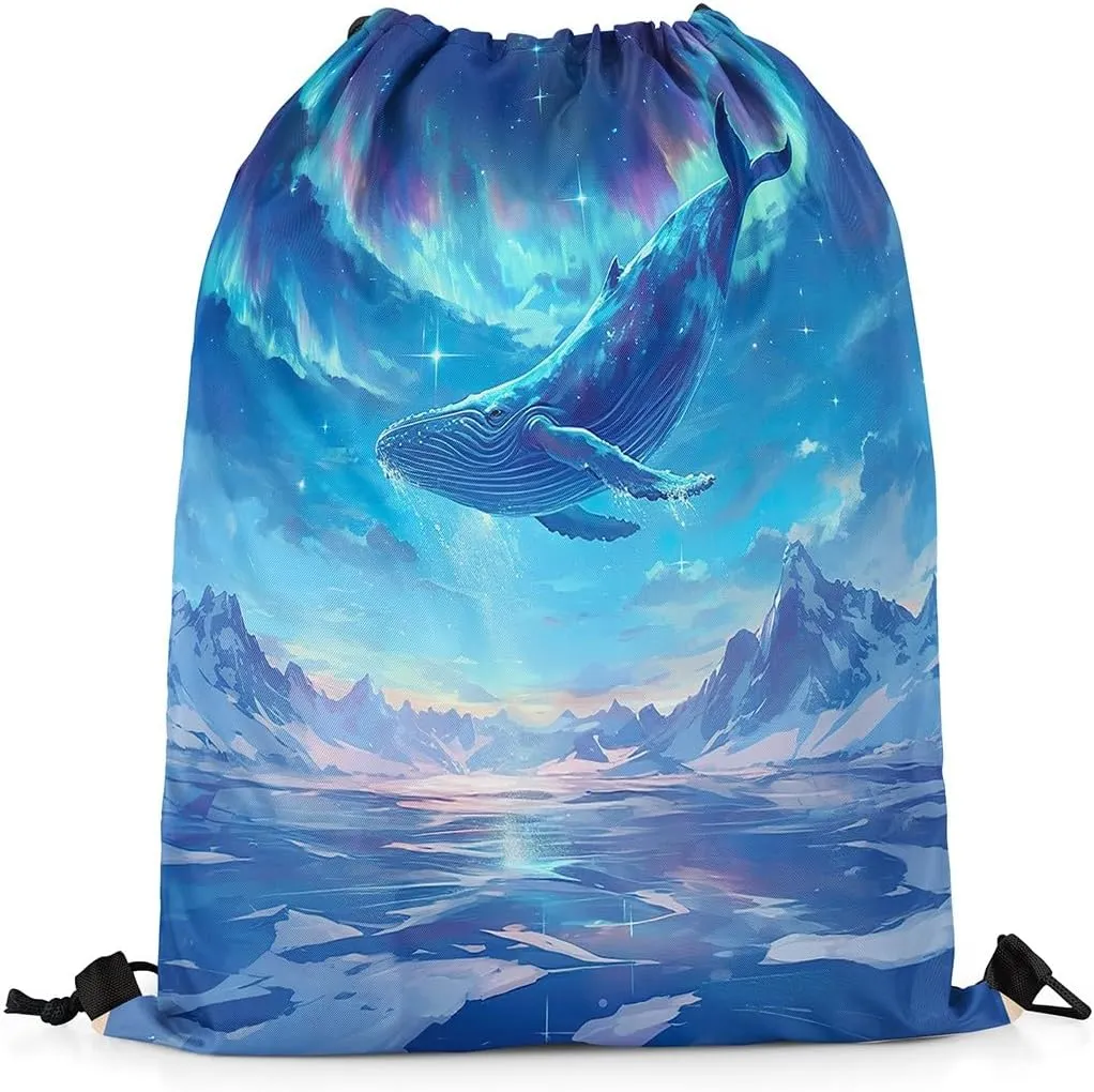 jejeloiu Dreamy Whale Drawstring Backpack 13"x15.7" Cute Cartoon Whale Sports Gym String Bag Galaxy Polar Light Drawstring Bags Blue Waterproof Cinch Bag Sports Drawstring Sackpack