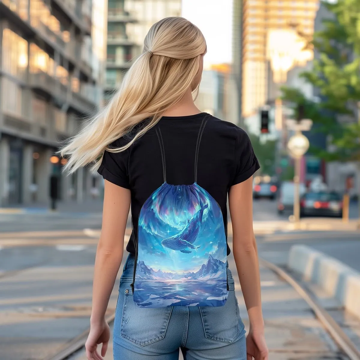 jejeloiu Dreamy Whale Drawstring Backpack 13"x15.7" Cute Cartoon Whale Sports Gym String Bag Galaxy Polar Light Drawstring Bags Blue Waterproof Cinch Bag Sports Drawstring Sackpack