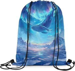 jejeloiu Dreamy Whale Drawstring Backpack 13"x15.7" Cute Cartoon Whale Sports Gym String Bag Galaxy Polar Light Drawstring Bags Blue Waterproof Cinch Bag Sports Drawstring Sackpack