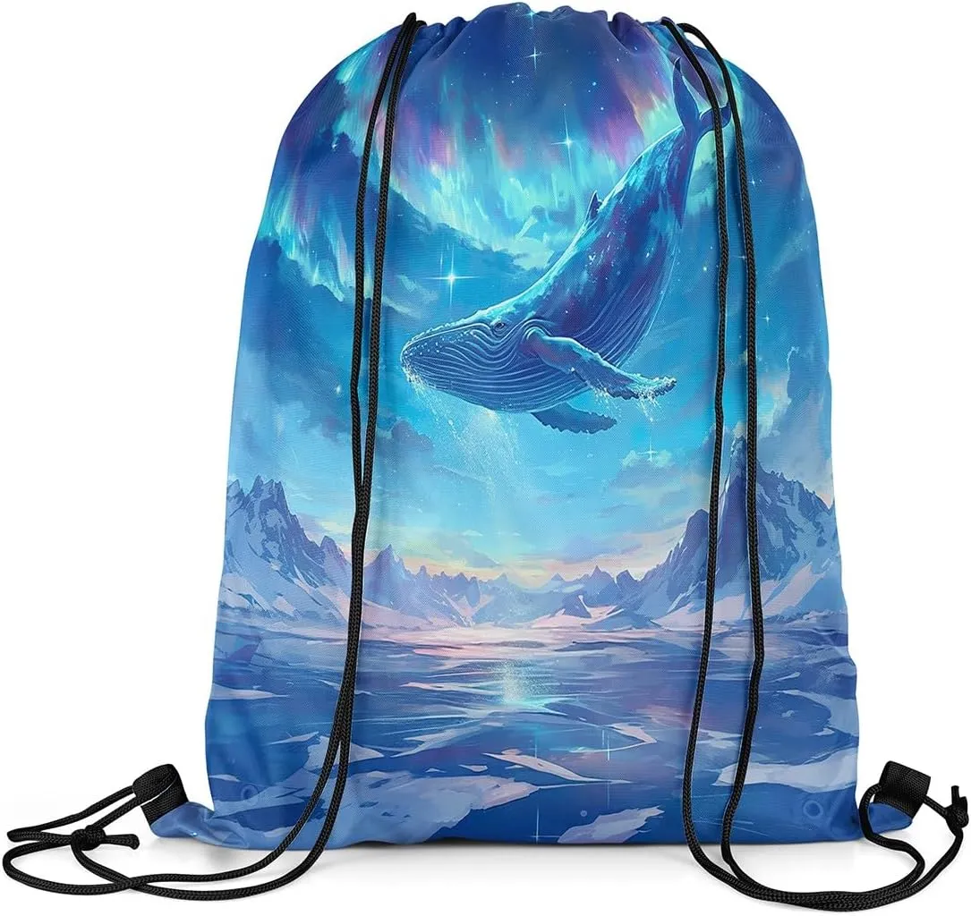 jejeloiu Dreamy Whale Drawstring Backpack 13"x15.7" Cute Cartoon Whale Sports Gym String Bag Galaxy Polar Light Drawstring Bags Blue Waterproof Cinch Bag Sports Drawstring Sackpack