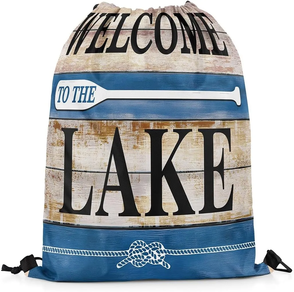 jejeloiu Lake House Drawstring Backpack 13x15.7inch Rustic Cabin Country Waterproof Gym Drawstring Bags Vintage Wood Sports String Backpack Beach Swim Travel Bag Sackpack