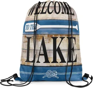 jejeloiu Lake House Drawstring Backpack 13x15.7inch Rustic Cabin Country Waterproof Gym Drawstring Bags Vintage Wood Sports String Backpack Beach Swim Travel Bag Sackpack