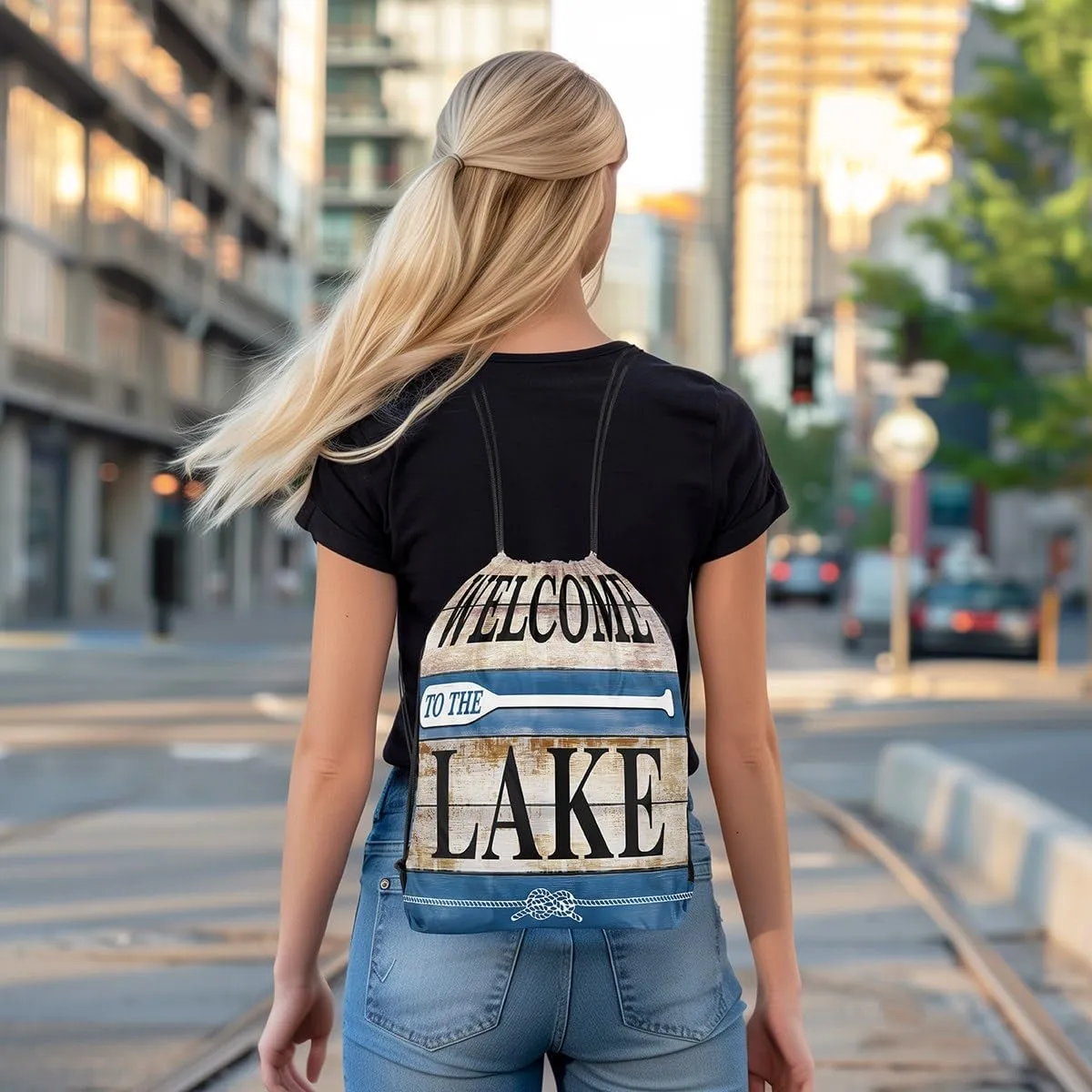 jejeloiu Lake House Drawstring Backpack 13x15.7inch Rustic Cabin Country Waterproof Gym Drawstring Bags Vintage Wood Sports String Backpack Beach Swim Travel Bag Sackpack