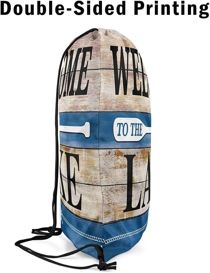 jejeloiu Lake House Drawstring Backpack 13x15.7inch Rustic Cabin Country Waterproof Gym Drawstring Bags Vintage Wood Sports String Backpack Beach Swim Travel Bag Sackpack